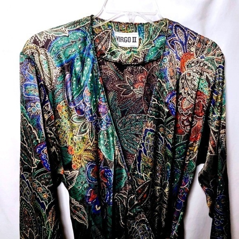 Vintage 70's VIRGO II Colorful Floral Paisley Satiny Wrap Midi Dress S-M